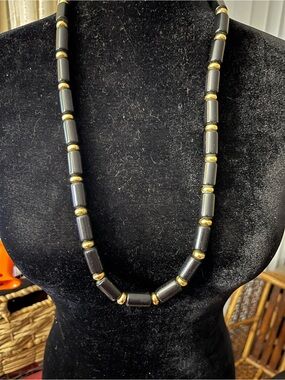 Gold Accent Black Cylinder Bead Necklace